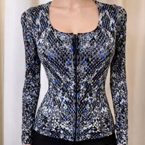 Cache Vintage Y2K Gray & Blue Snake Print Ribbed Zip-Up Long-Sleeve Top Size XS